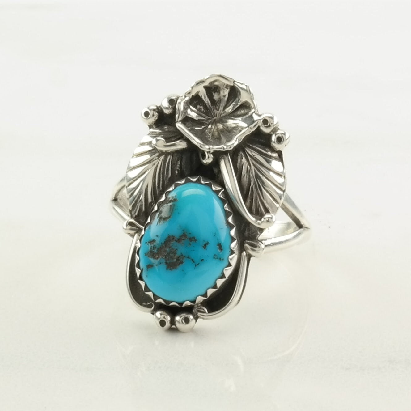 Navajo Sterling Silver Ring, Turquoise Floral Blue Size 8