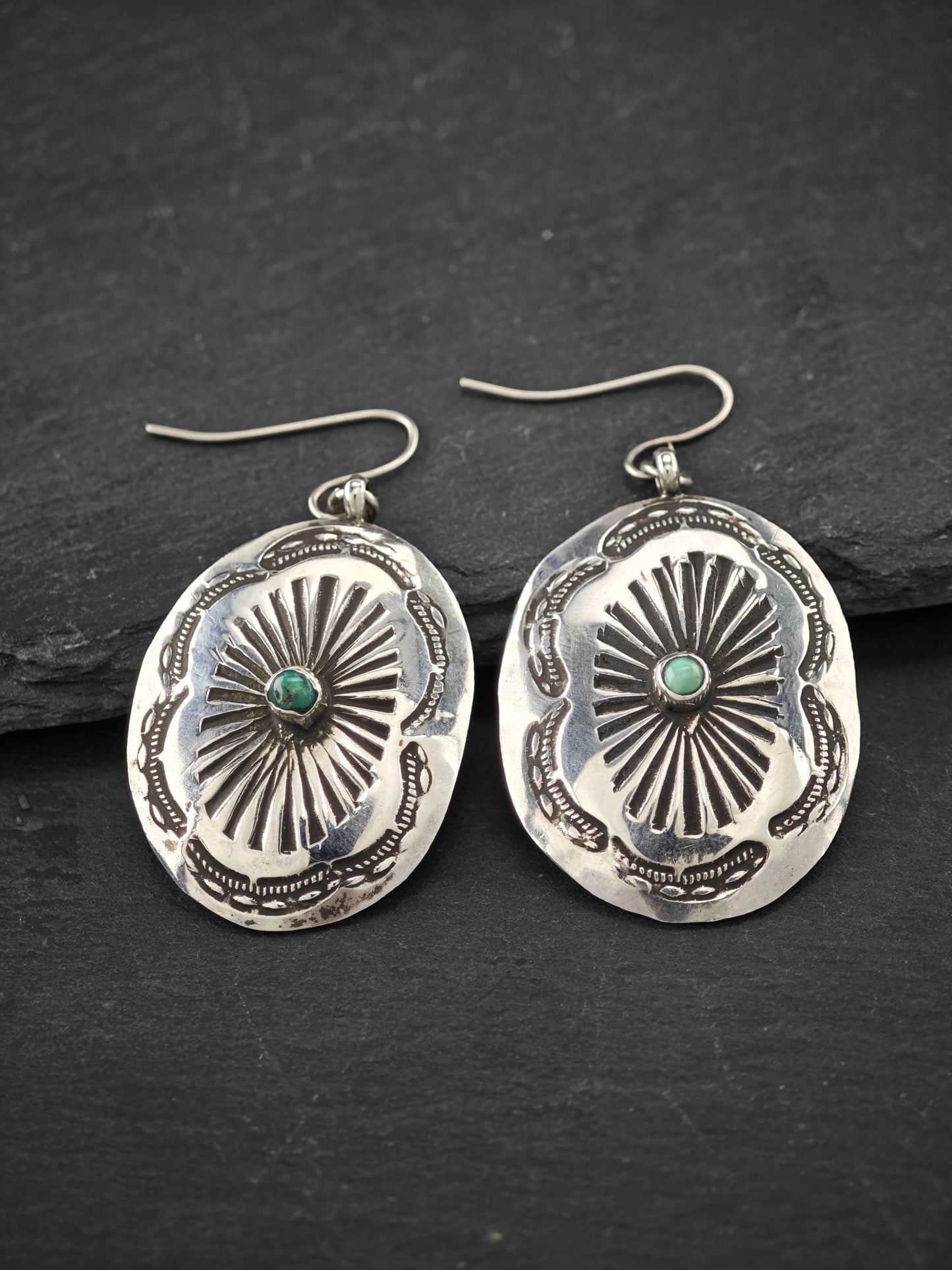 Native American Shield, Stamped Fish Hook Earrings Sterling Silver