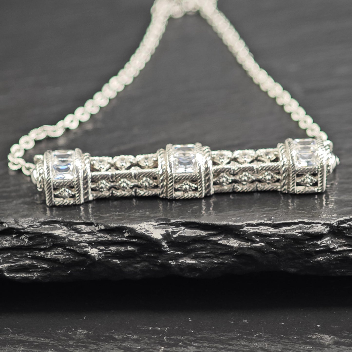 Vintage Judith Ripka DQCZ Bar Necklace Sterling Silver N2738