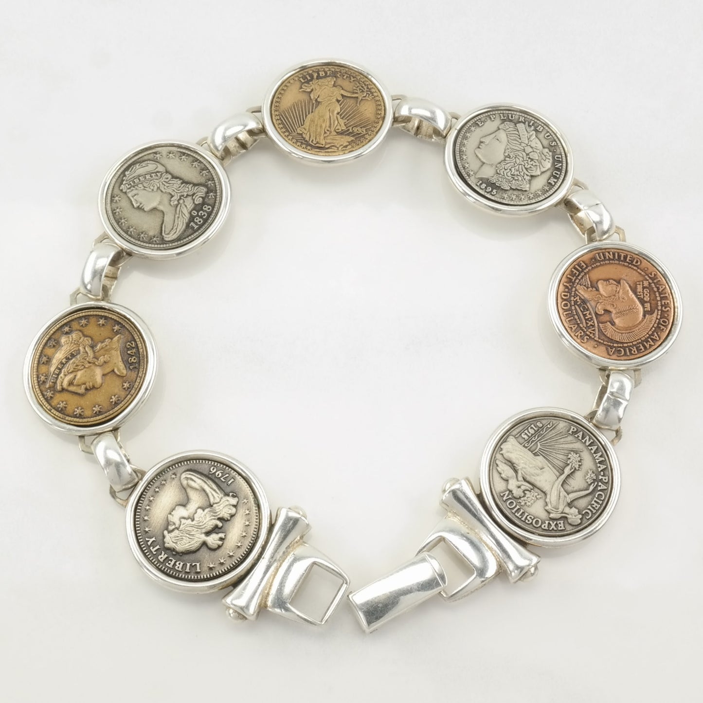 Designer Sterling Silver Link Bracelet Replica Coins