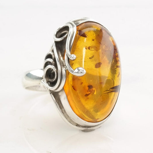 Vintage European Silver Ring Amber Oval Swirl Sterling Size 8