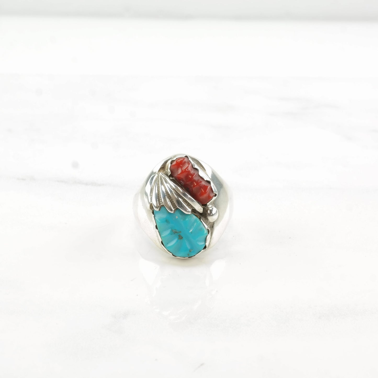 Native American Silver Ring Coral Turquoise Carved Leaf Sterling Size 8