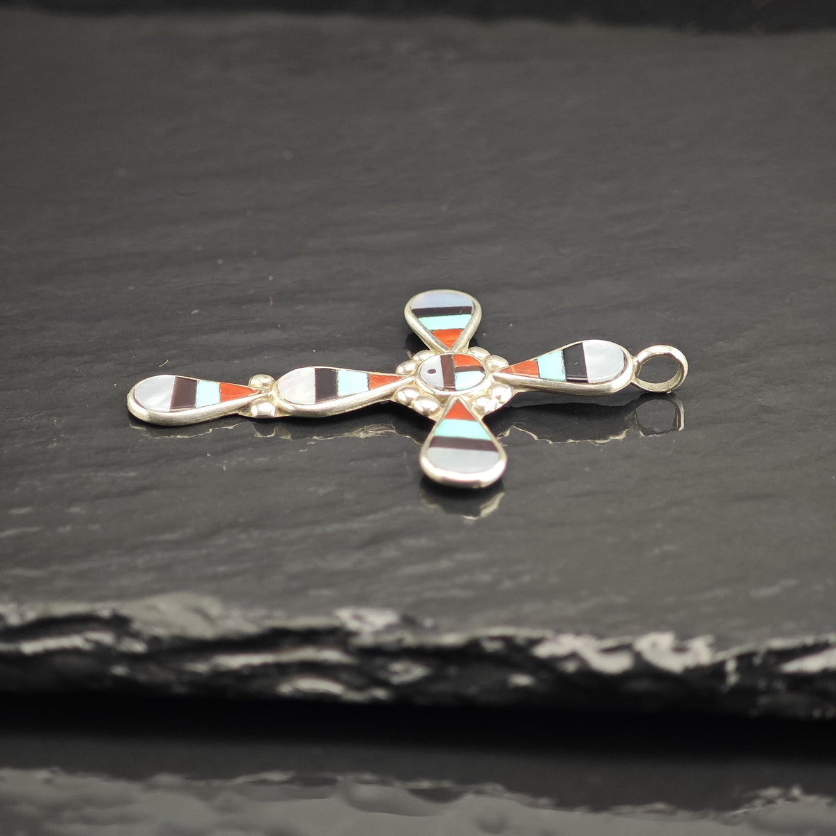 Zuni Sunface Multistone Inlay Cross Sterling Silver Pendant P3139