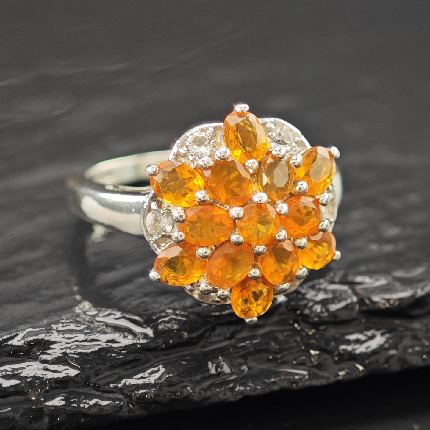 Sterling Silver Ring Orange Gemstone Cluster Size 7 R6207
