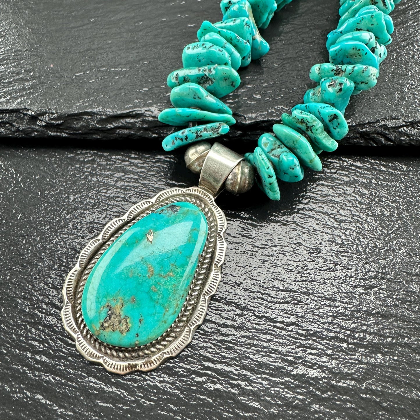 Native Turquoise Heishi Necklace with Sterling Silver Accents N2573