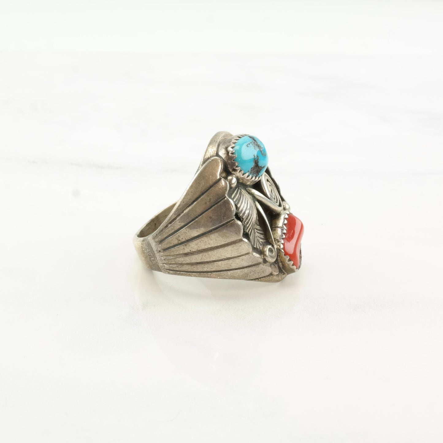 Native American Silver Ring Turquoise Coral Leaf Swirl Sterling Size 11