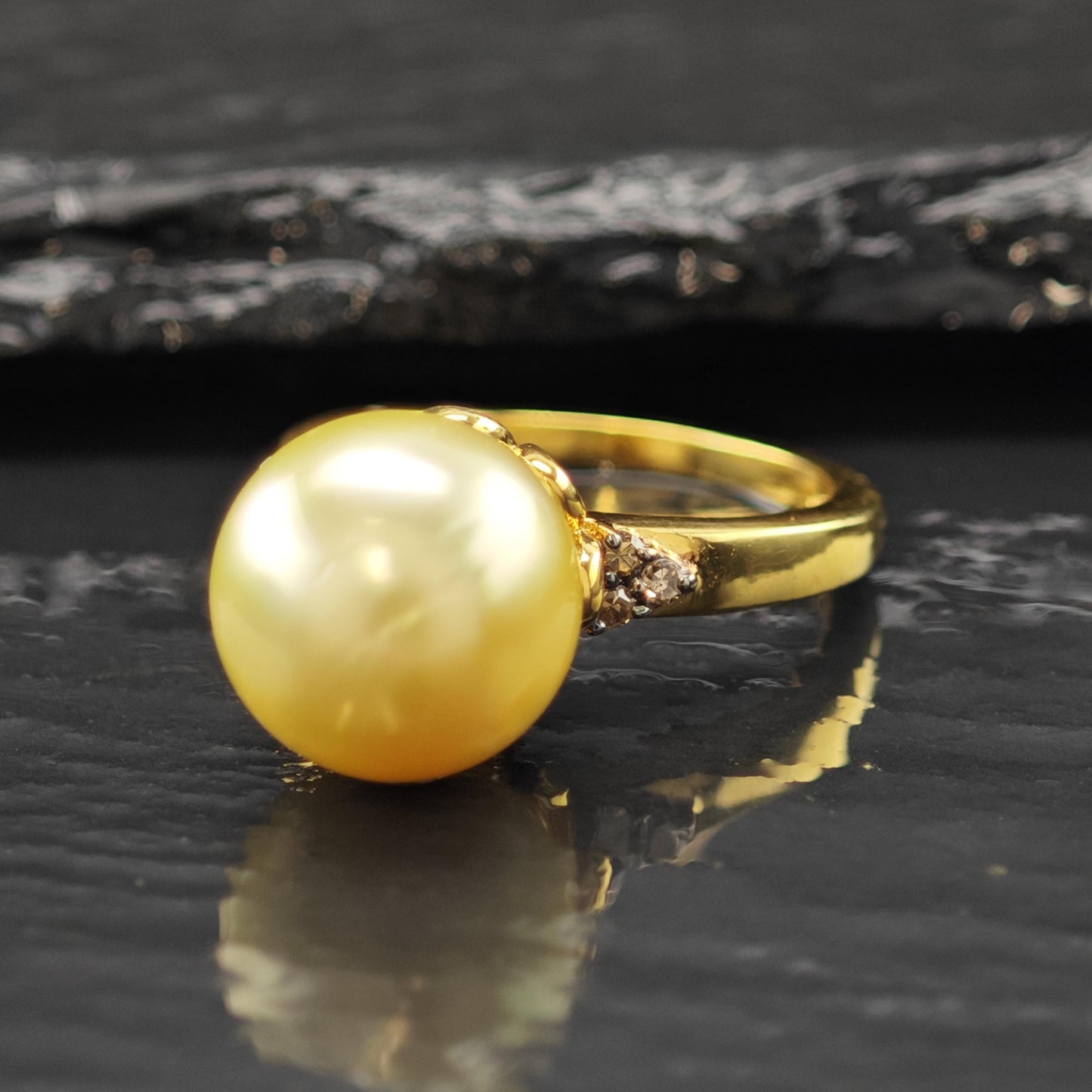 12mm Pearl Diamond 14K Gold Plated Ring Sterling Silver Sz 6