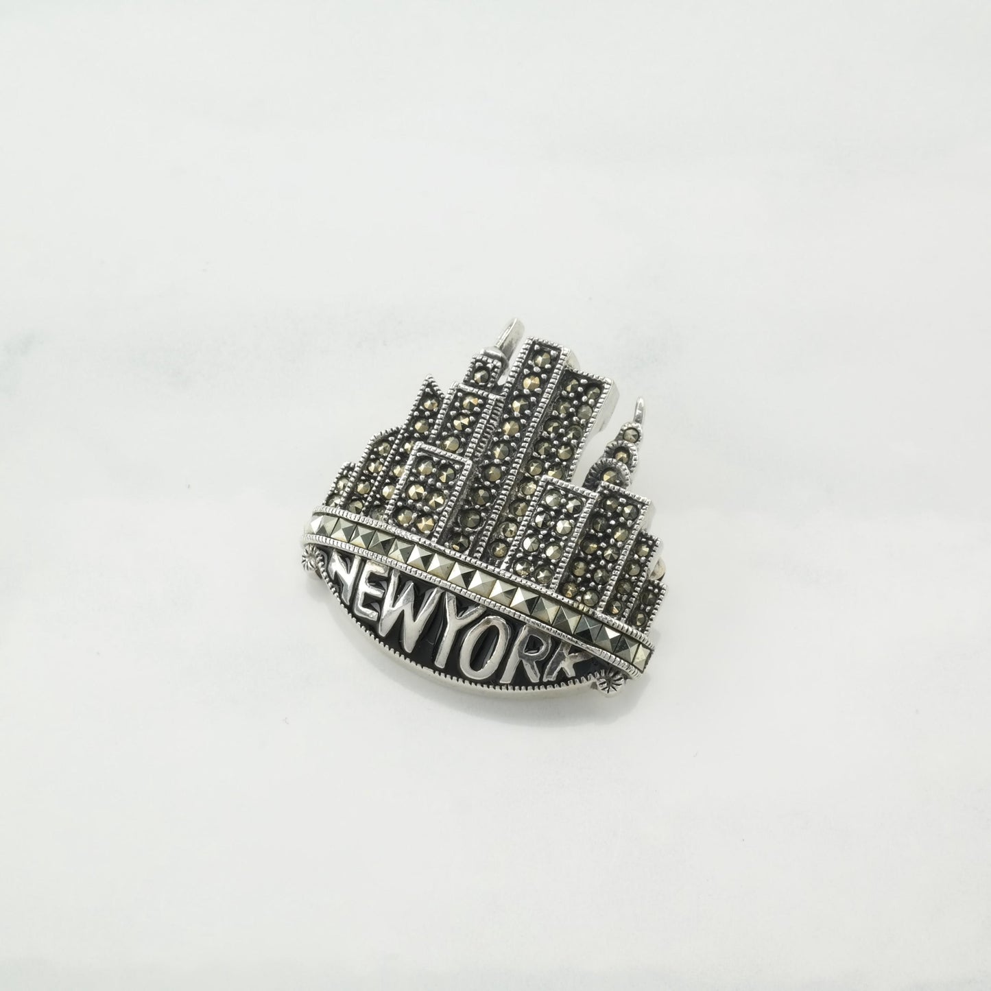 Judith Jack New York Brooch Sterling Silver Skyline Enamel Marcasite