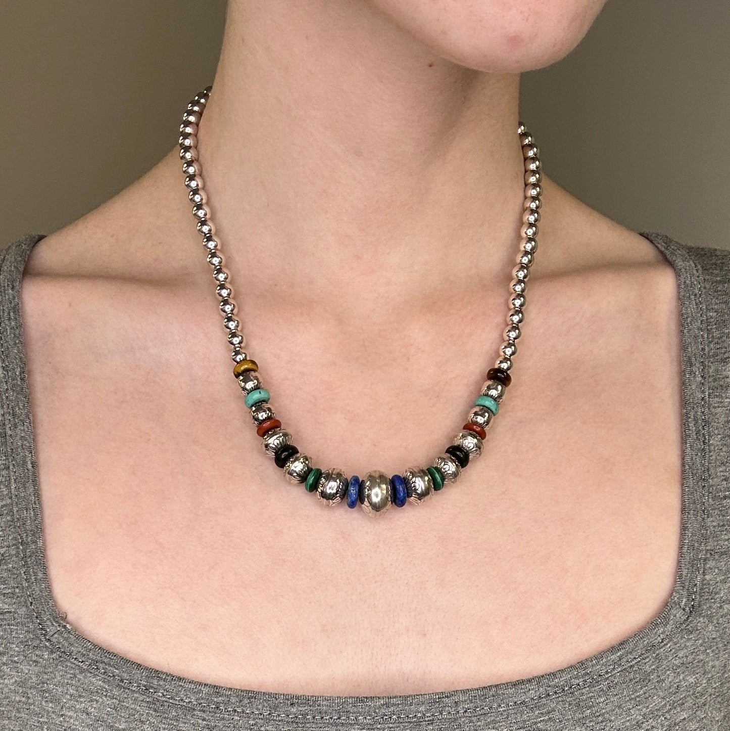 Carolyn Pollack Sterling Silver Malachite, Jet, Coral, Lapis Lazuli, Turquoise, Tiger's Eye Beaded Necklace