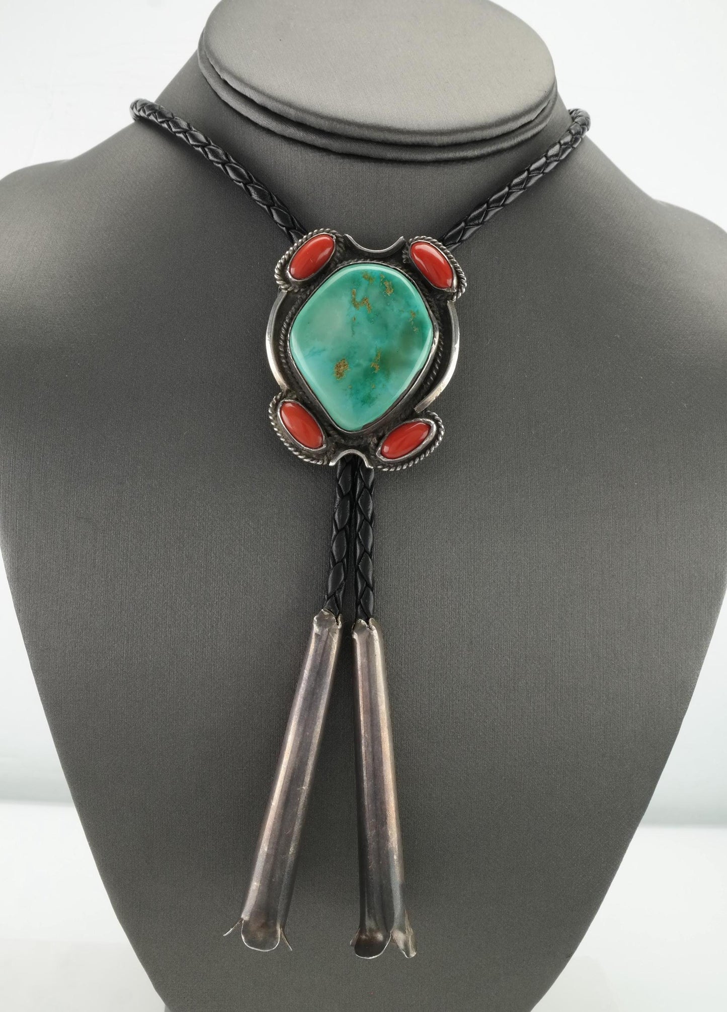 Native American Turquoise Coral Bolo Tie Sterling Silver Necklace