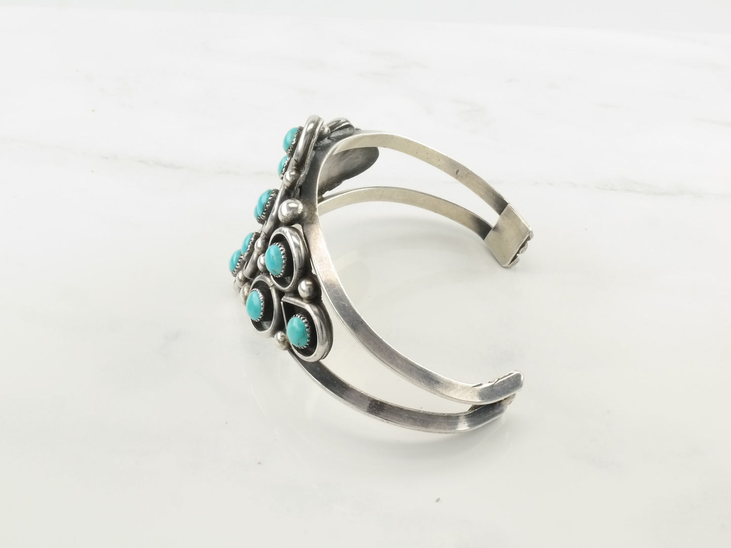Native American Zuni Sterling Silver Cuff Bracelet Blue Turquoise Cluster Snake Eye