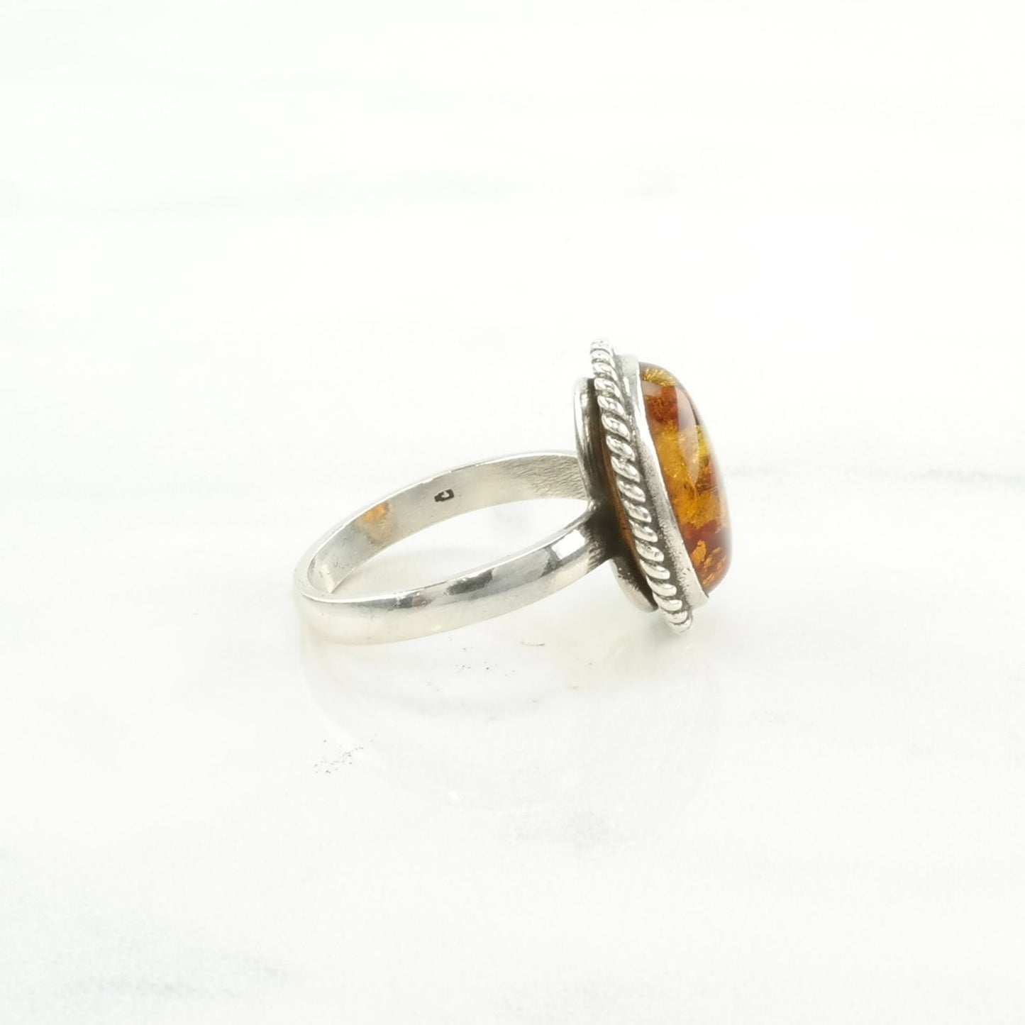 Sterling Silver Ring Amber Rope Detail Orange Size 6 1/2