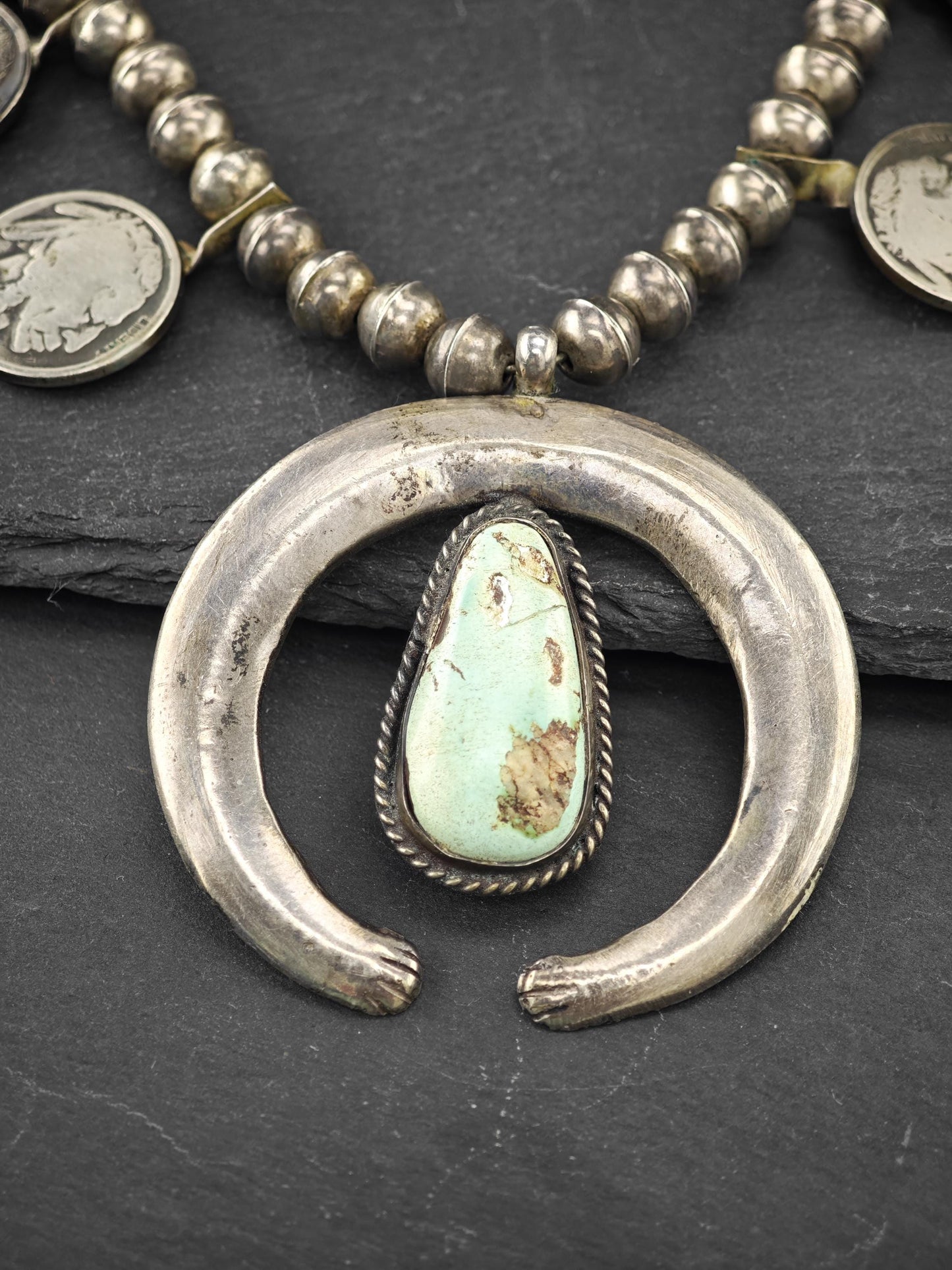 Native American Green Turquoise, Buffalo Nickles Squash Blossom Necklace Sterling Silver