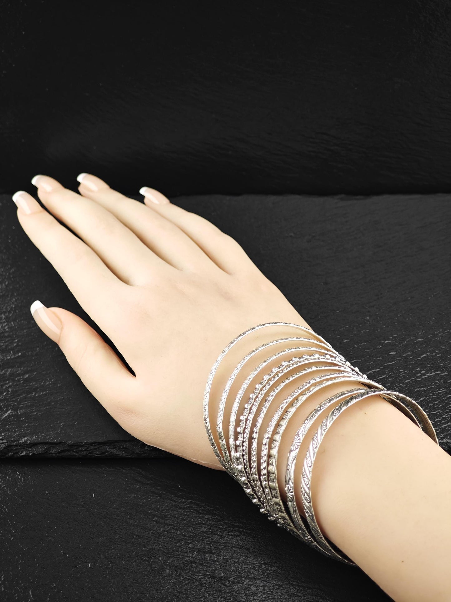 Stackable Repousse Floral Bangle Sterling Silver