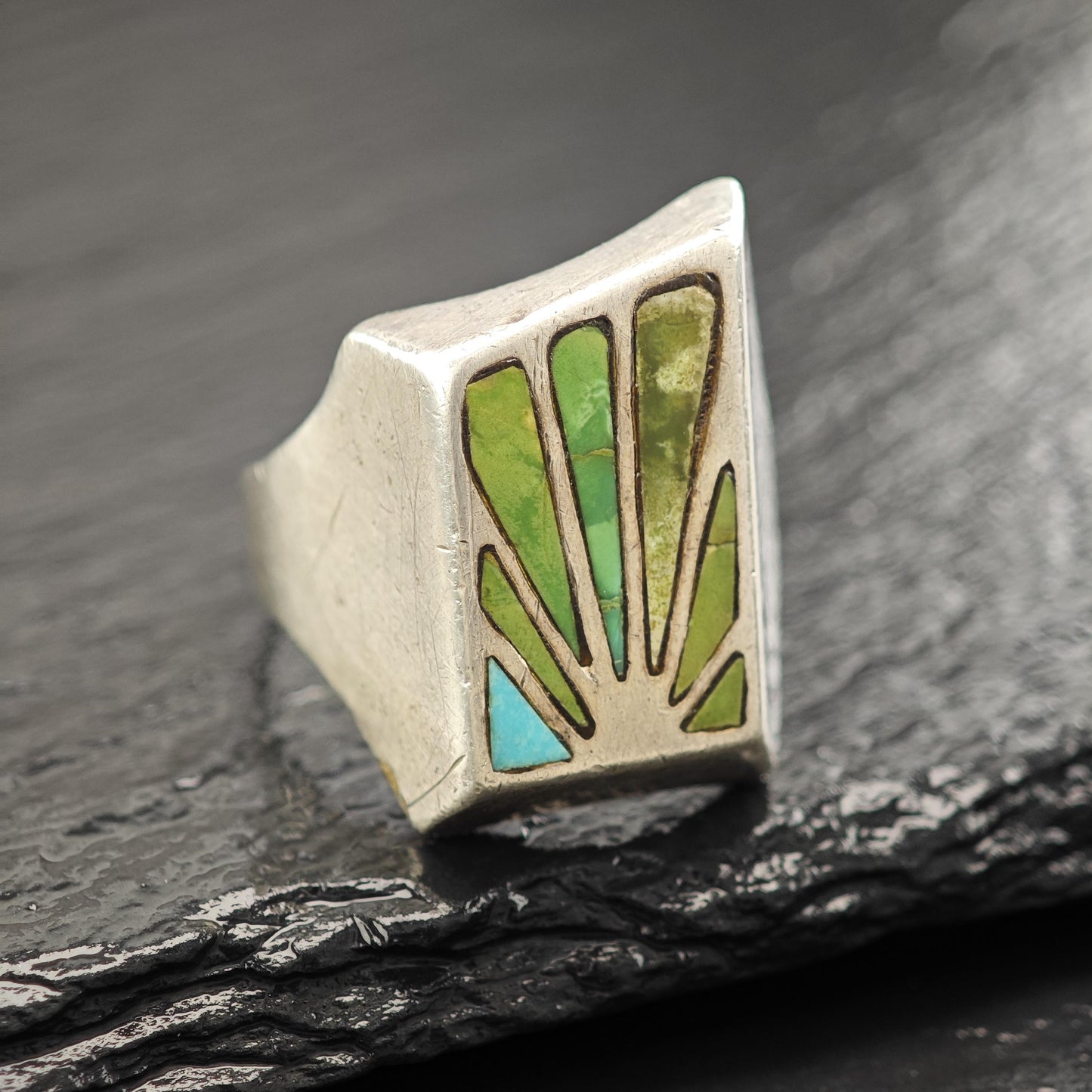 Vintage Turquoise Inlay Ring Sterling Silver