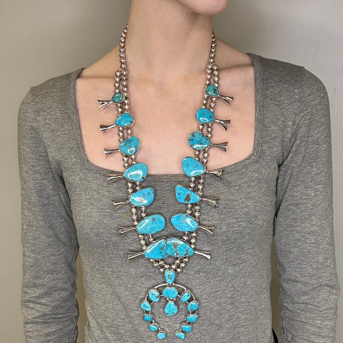 Vintage Squash Blossom Sterling Silver Blue Turquoise Mountain Peak Necklace