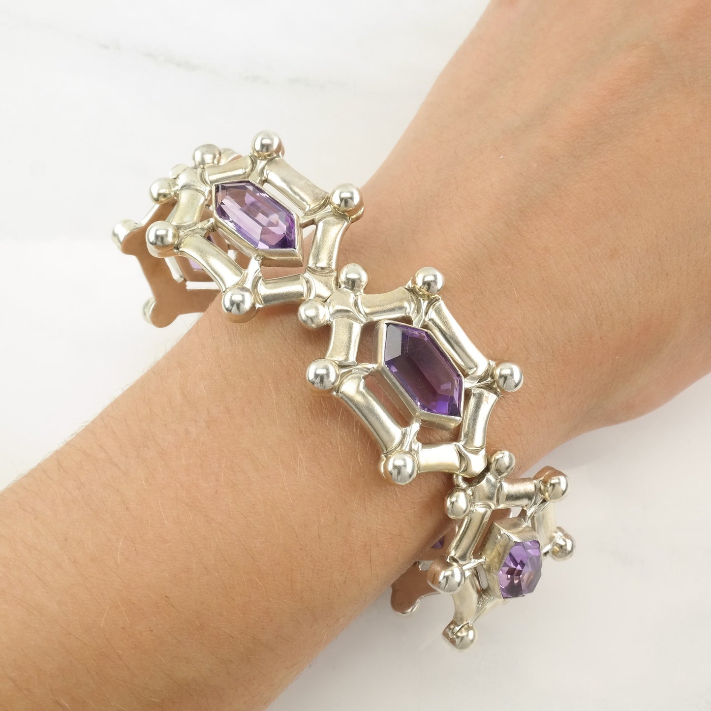 Taxco Sterling Silver Link Bracelet Purple Amethyst