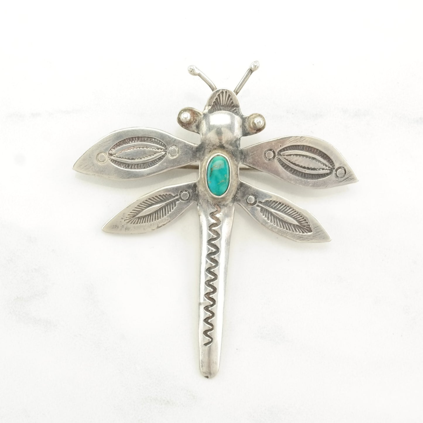 Native American Sterling Silver Brooch Stamped, Dragonfly Turquoise