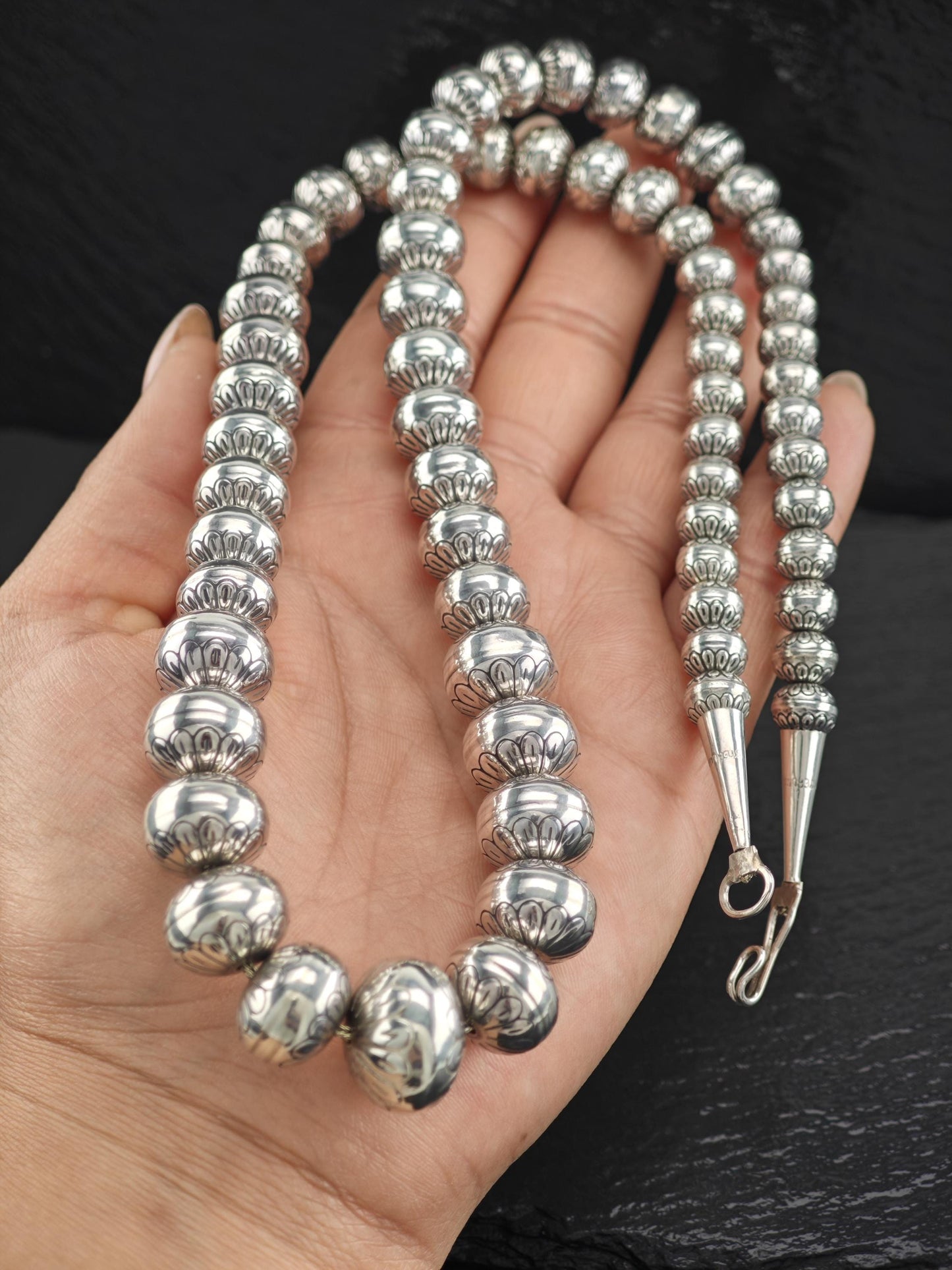 Native 17-8mm, Graduated Stamped Beaded, Necklace Sterling Silver N2512