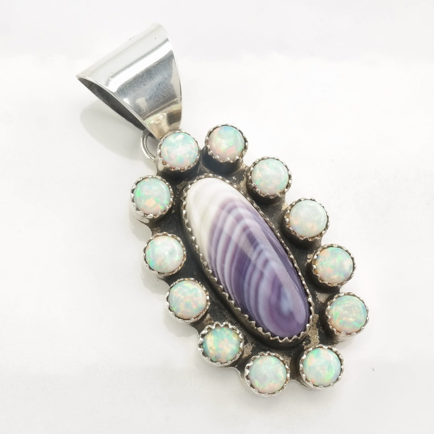 Navajo Quahog Shell, Lab Opal Sterling Silver Pendant