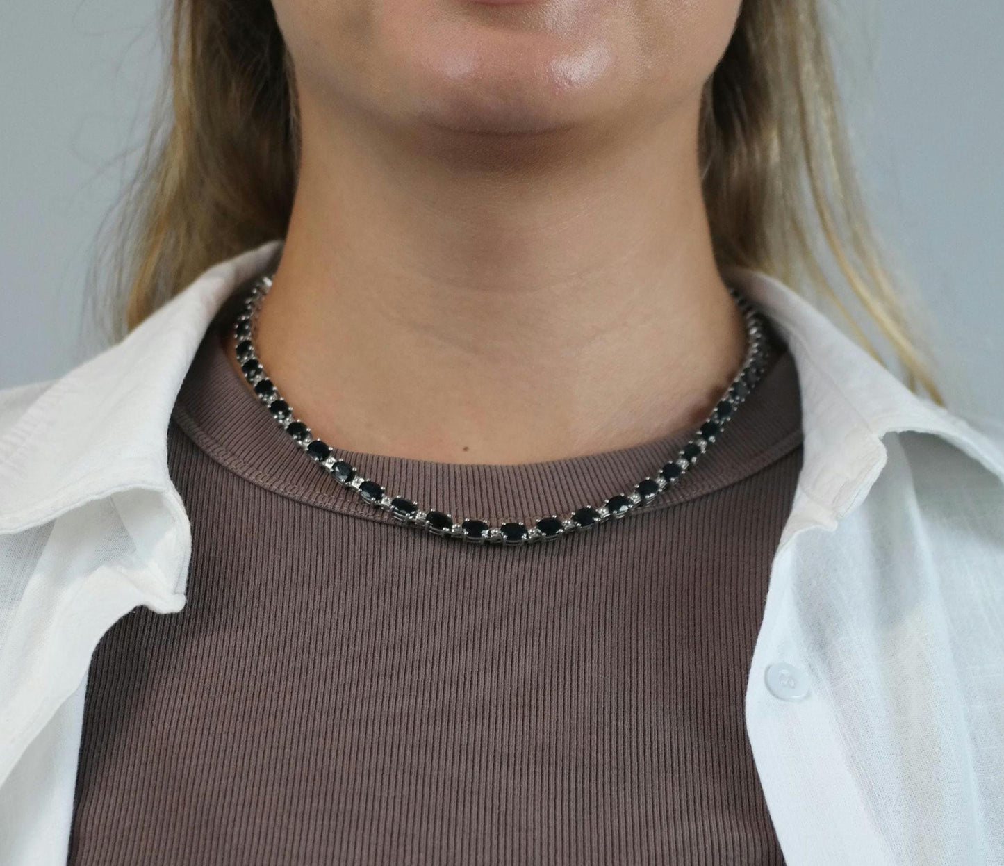 40cttw Dark Sapphire Line Necklace Sterling Silver N2735