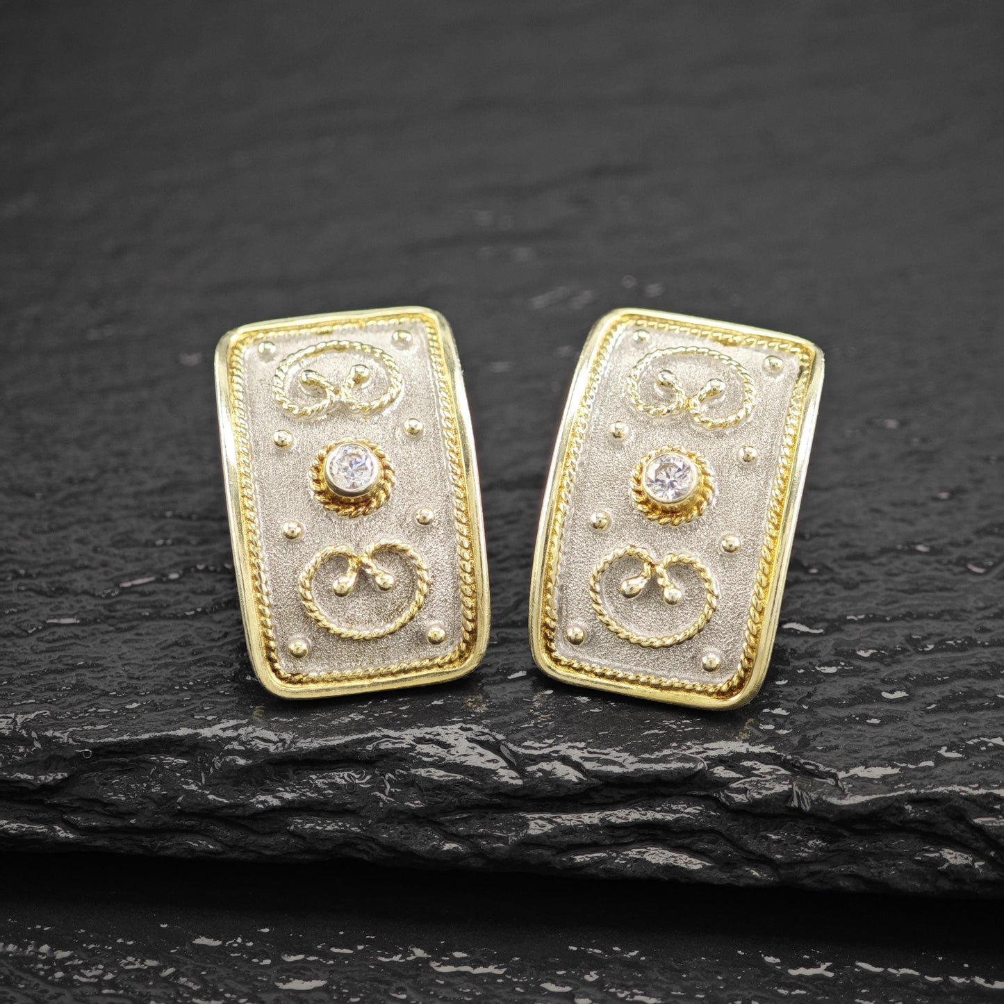 Vintage Greek Rectangular White, Gold CZ Stud Earrings Sterling Silver