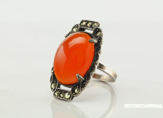 Art Deco Sterling Silver Ring Size 5 Rust Marcasite Carnelian