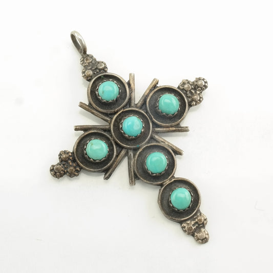 Zuni Turquoise Cross, Snake Eye Sterling Silver Pendant