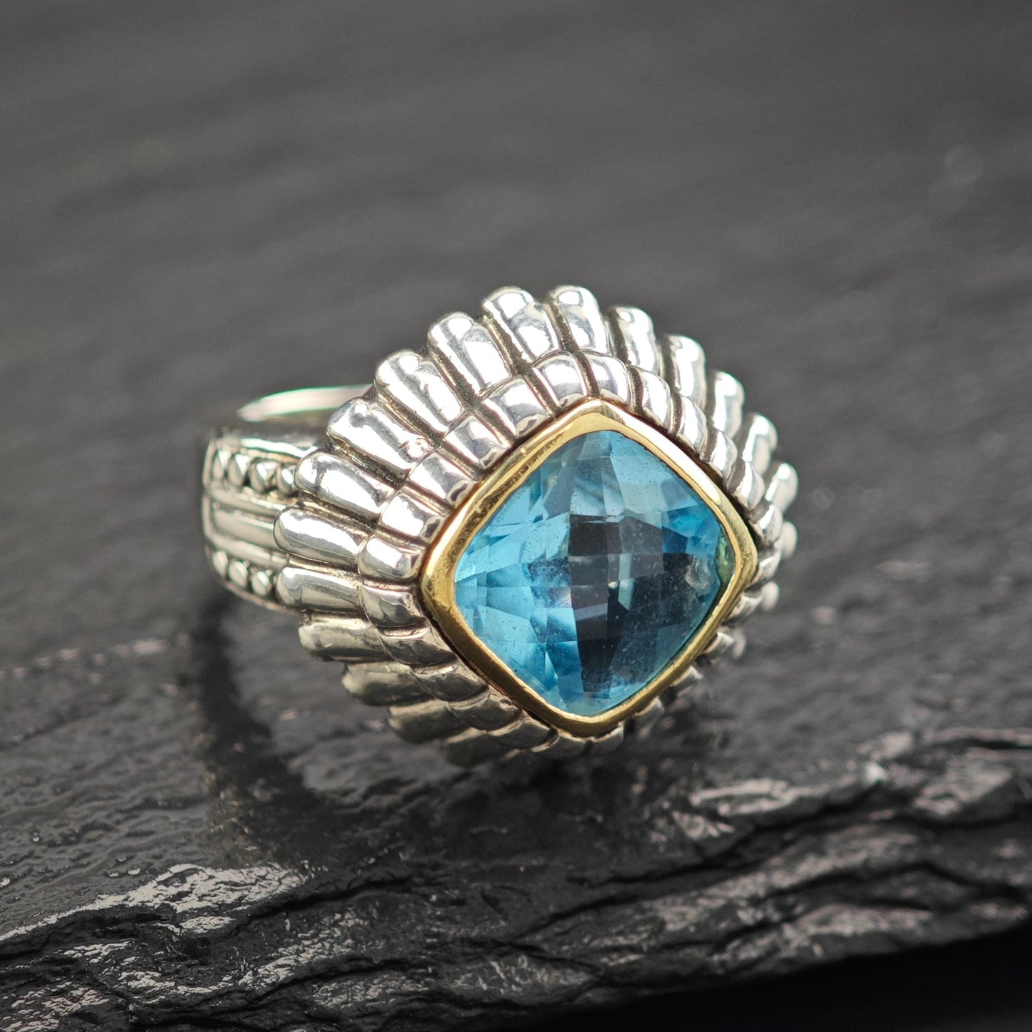 Blue Topaz Silver Ring 14K Gold Bezel Sterling