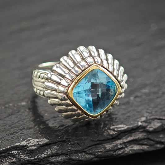 Blue Topaz Silver Ring 14K Gold Bezel Sterling