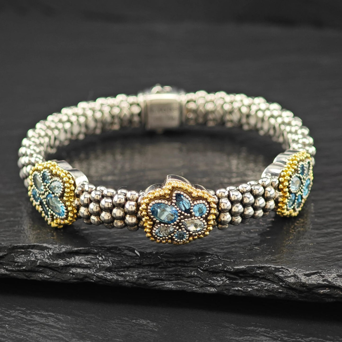 LAGOS 18K Yellow Gold, Blue Topaz Caviar Bracelet Sterling Silver Sz 6 1/4"