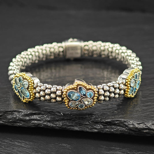 LAGOS 18K Yellow Gold, Blue Topaz Caviar Bracelet Sterling Silver Sz 6 1/4"