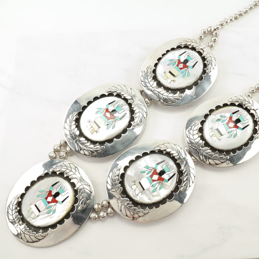 Vintage Zuni, Native American Sterling Silver White, Blue Red MOP, Onyx, Turquoise, Coral Inlay, Kachina Squashless Blossom Necklace