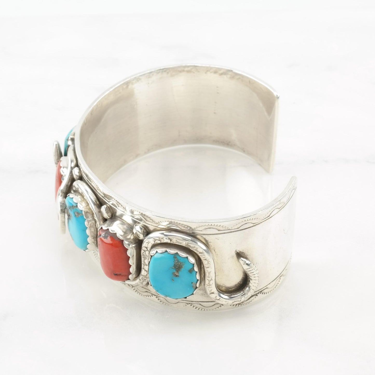 Zuni Snake Cuff Bracelet Native American Sterling Silver Sleeping Beauty Turquoise Mediterranean Coral