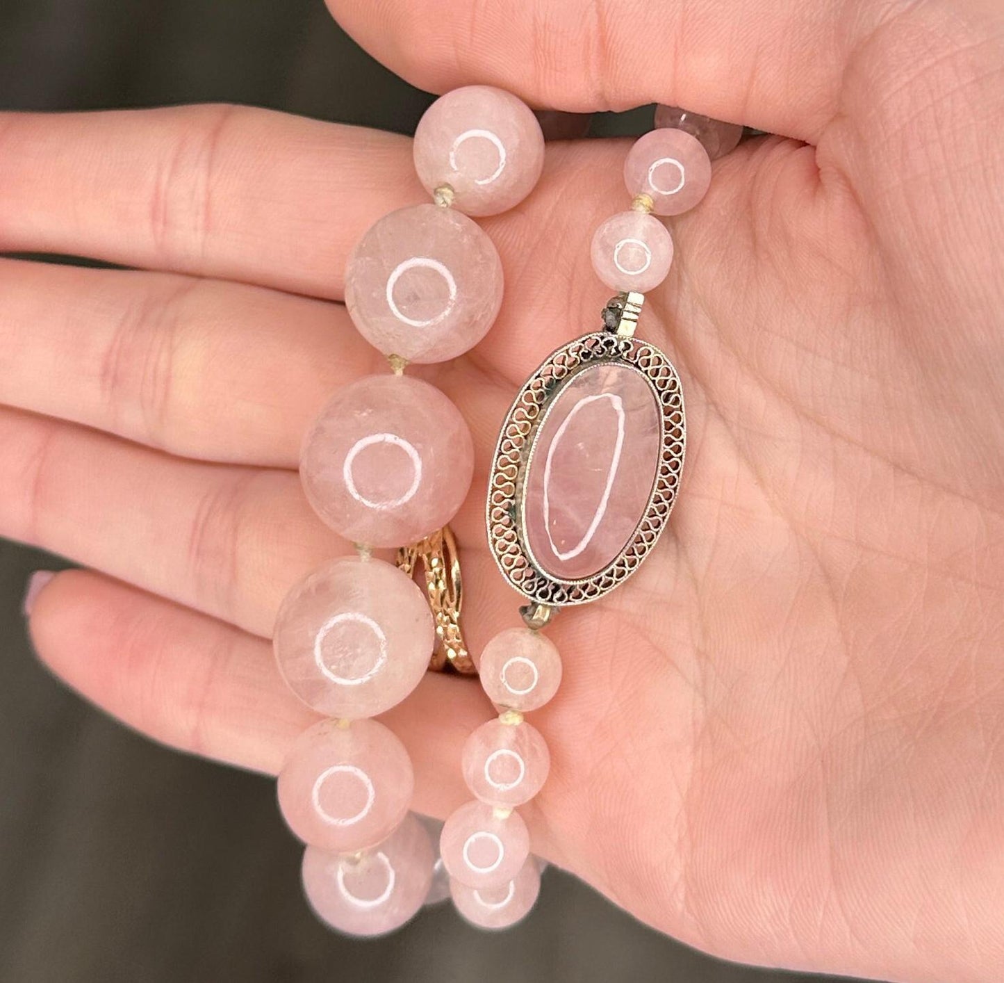 Natural Rose Quartz Filigree Necklace Sterling Silver