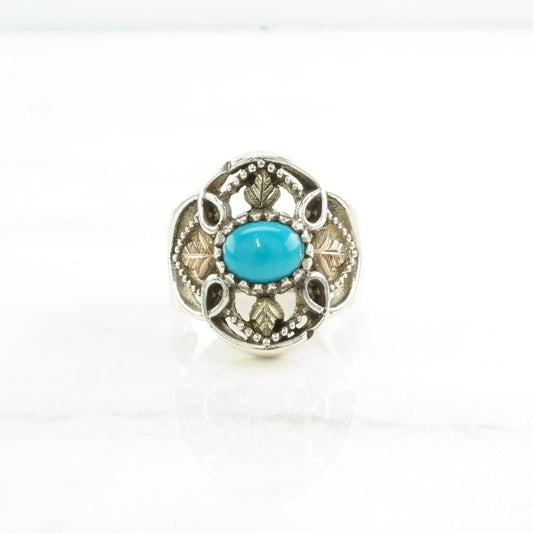 CCO Silver Ring Turquoise, 12K Gold Accents Leaf Sterling Blue Size 7 1/4