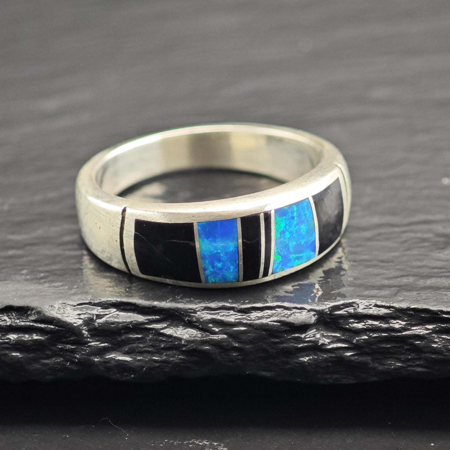 Vintage Lap Opal & Onyx Inlay Sterling Silver Ring Sz 9 3/4 R6633