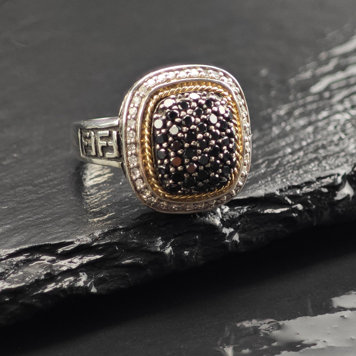 EFFY Black & White Diamond 18K Gold Accent Sterling Silver Ring Sz 7 R6731