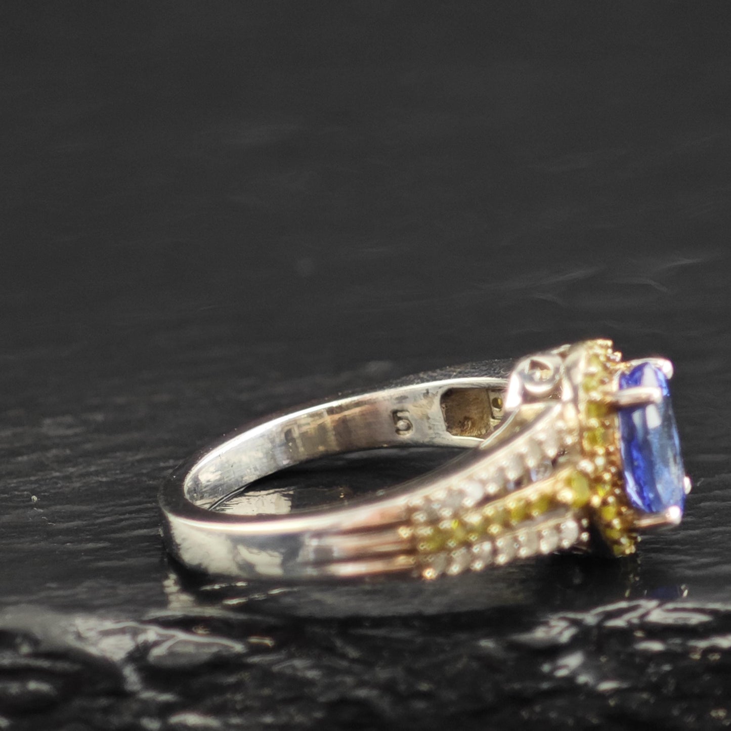 Tanzanite White & Yellow Diamond Sterling Silver Ring Sz 5 R6587