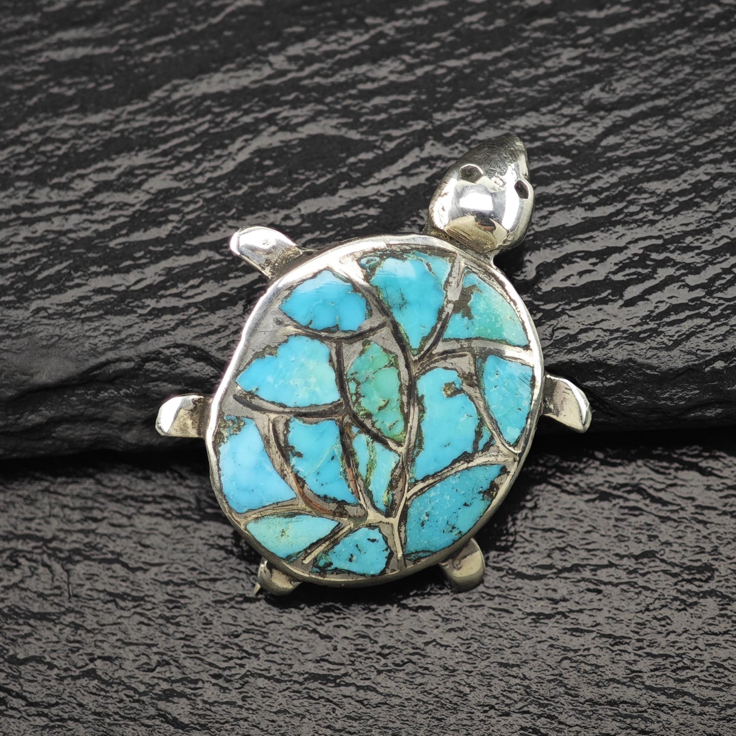 Zuni Sterling Silver Brooch Turtle, Inlay Blue Turquoise