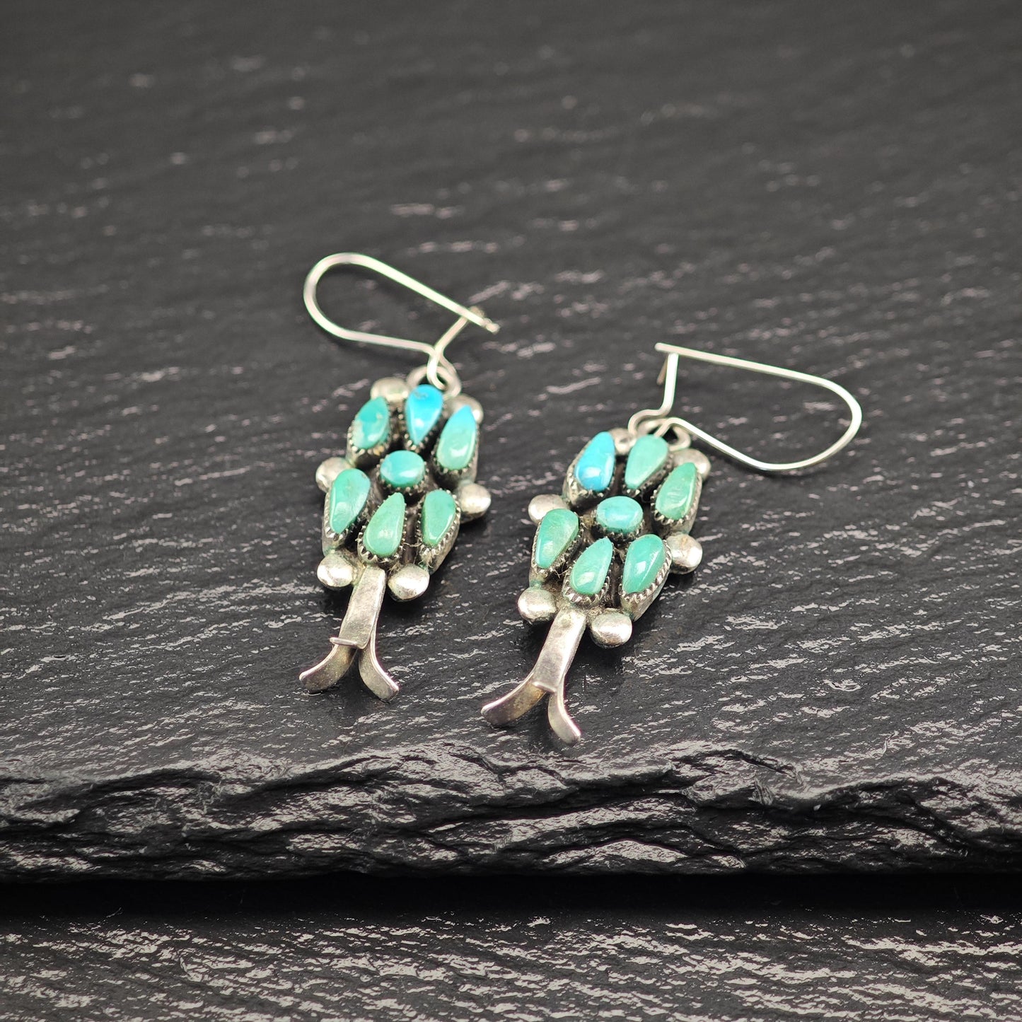 Zuni, Raynold Lonsee Floral Turquoise Kidney Wire Earrings Sterling Silver