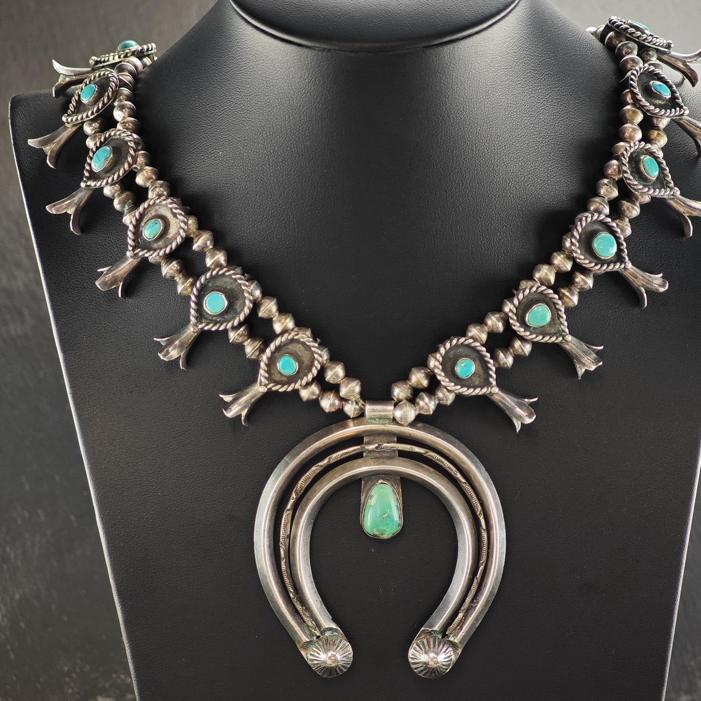 Vintage Navajo Turquoise Sterling Silver Squash Blossom Necklace N2729