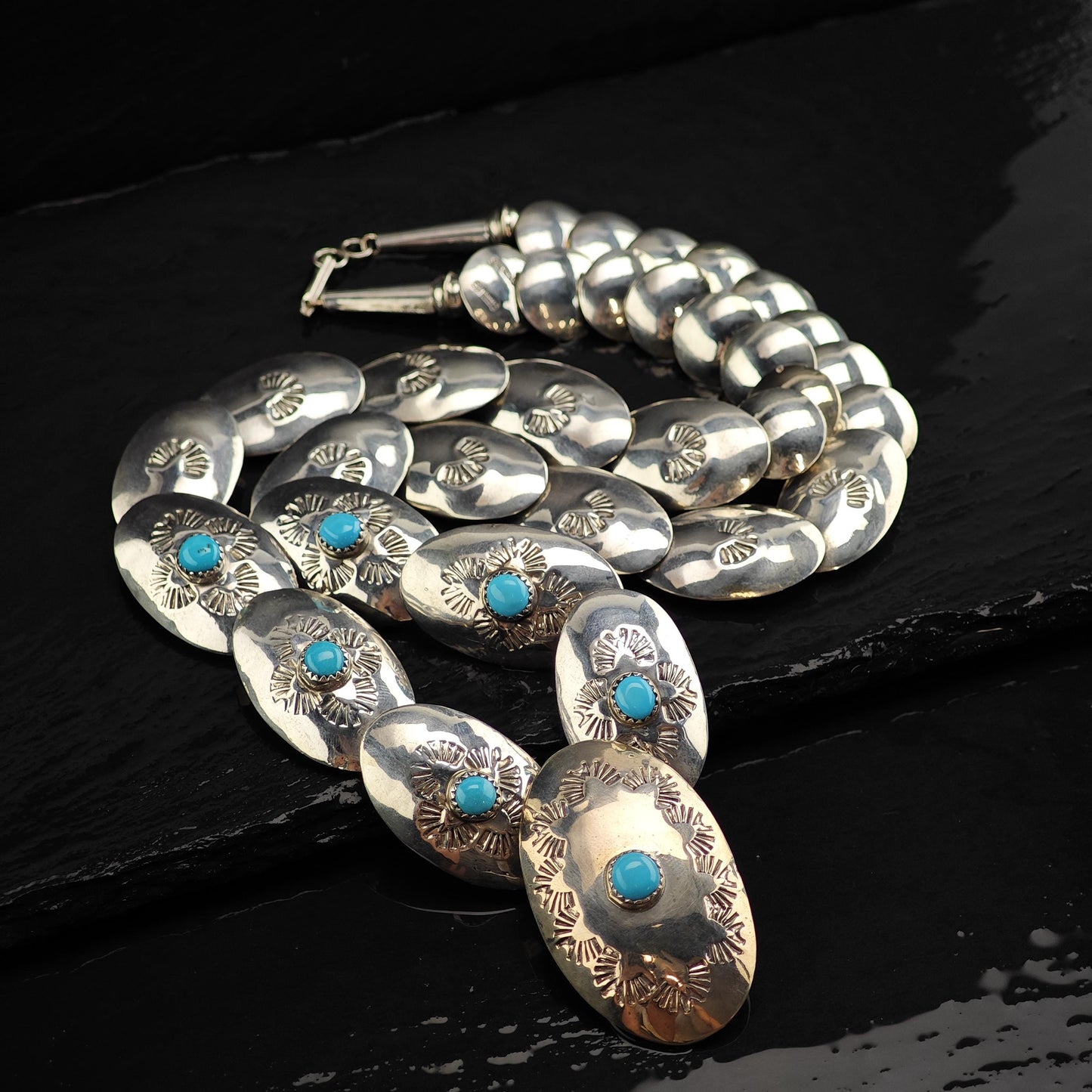 Vintage Native American Pillow Bead Turquoise Sterling Silver Necklace N2719