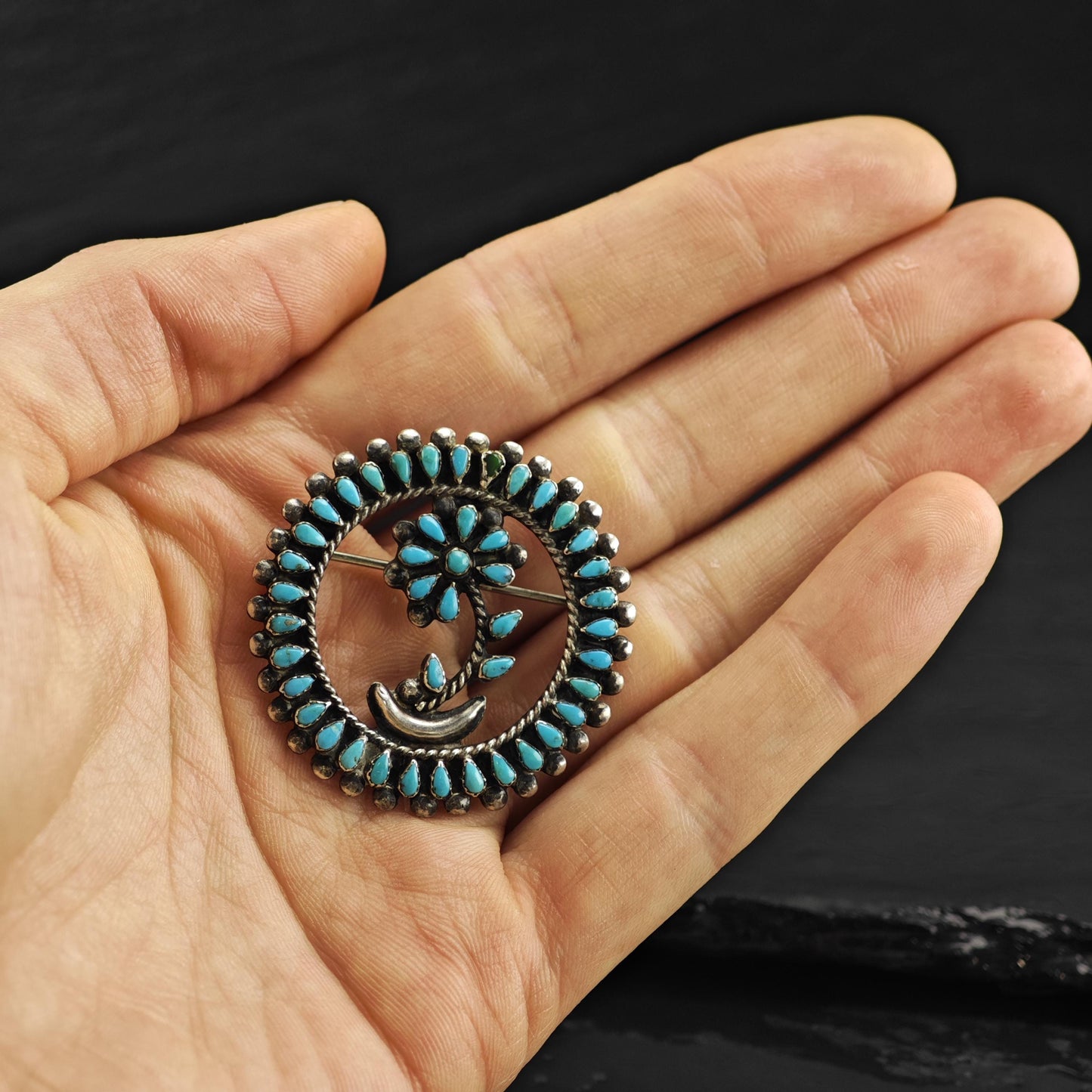 Zuni, Native American Turquoise Cluster Sterling Silver Brooch