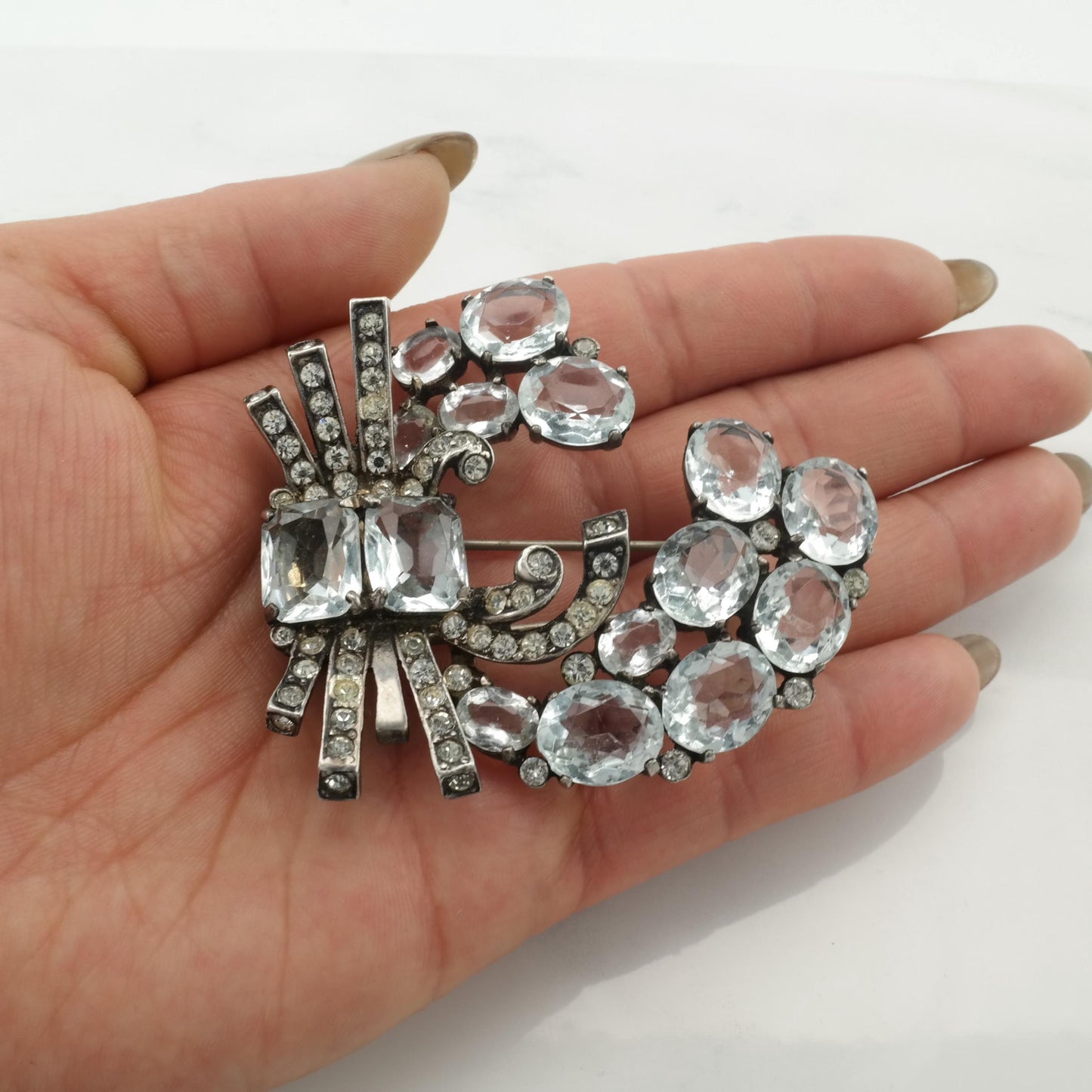 Vintage Eisenberg Sterling Silver Brooch Fur Clip Rhinestone