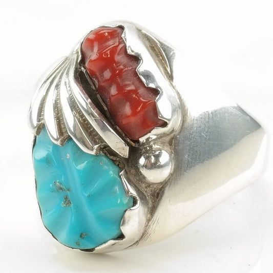 Vintage Native American Silver Ring Coral Turquoise Carved Leaf Sterling Size 8