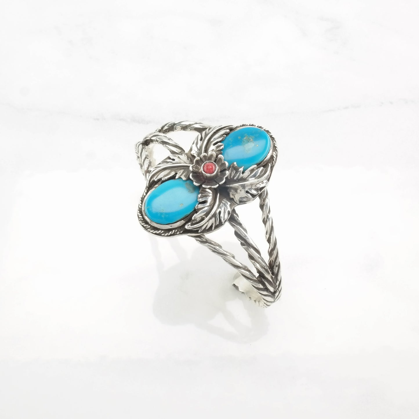 Southwest Sterling Silver Cuff Bracelet Turquoise, Coral Floral