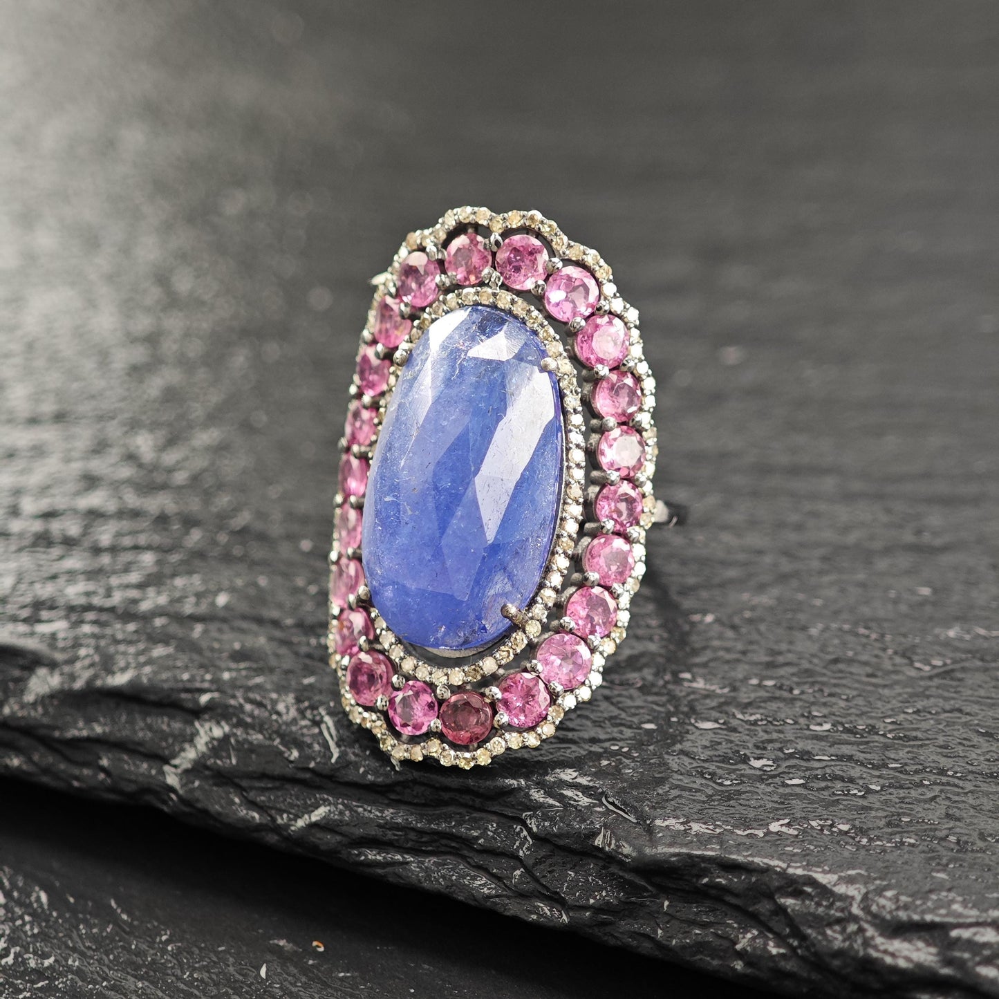 Lg Tanz Dia Ring with Tourmaline in Oxidized Silver R5805