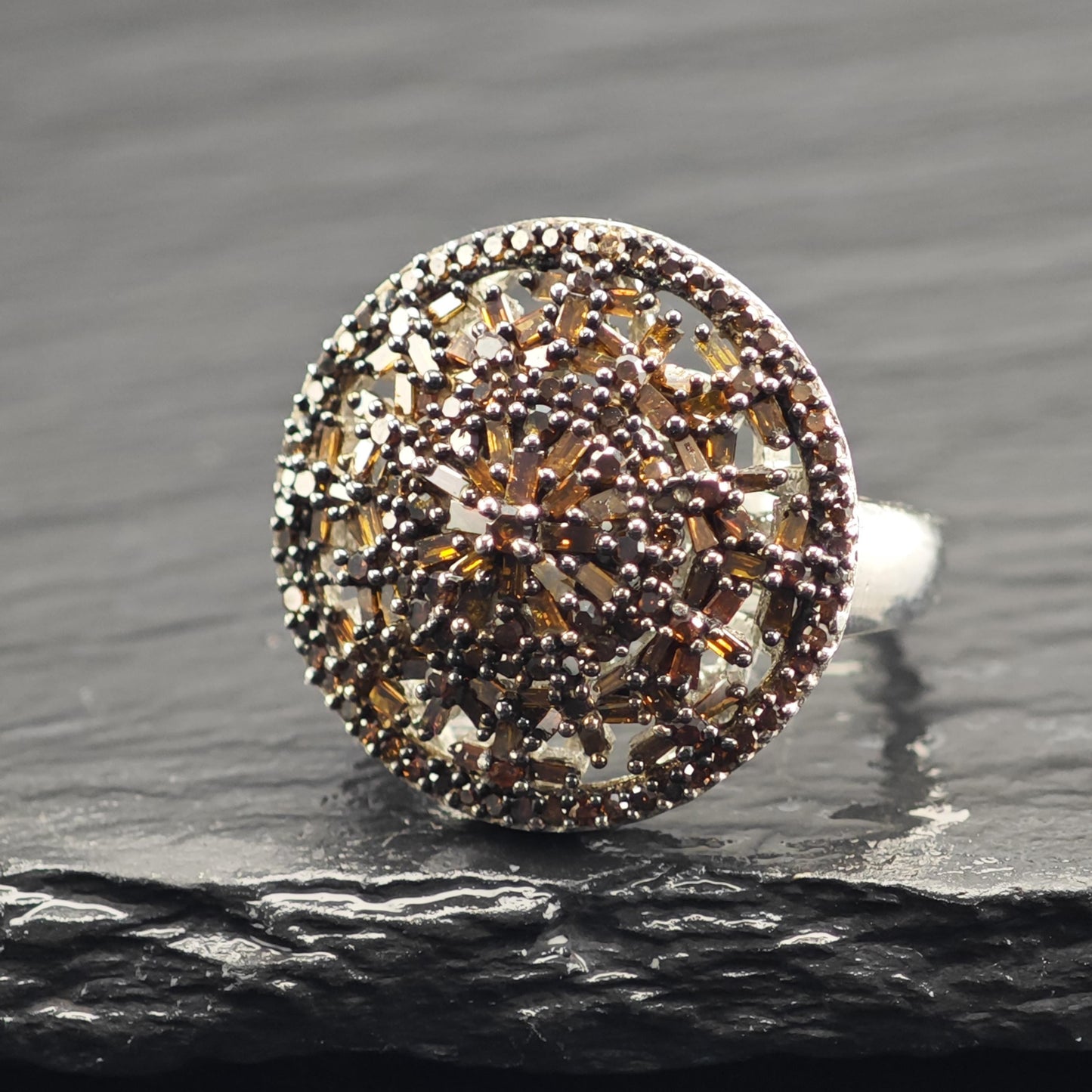 Brown Diamond Cluster Sterling Silver Ring Sz 6 R6609