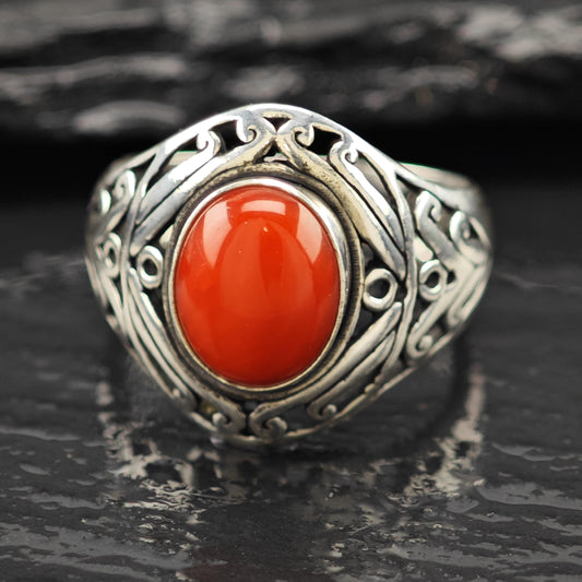 Coral Silver Ring Detailed Filigree Sterling 925 Size 7 R6128
